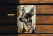 a painting of a dog on a wooden wall