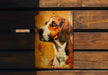 a painting of a dog on a wooden bench