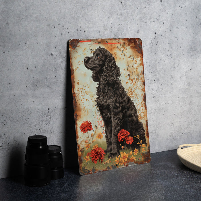 a painting of a black dog sitting on top of a table