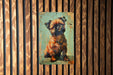 a picture of a dog on a wooden wall