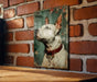 a picture of a dog on a brick wall