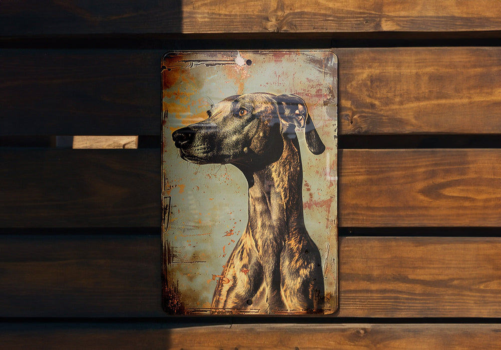 a picture of a dog on a rusted metal sign