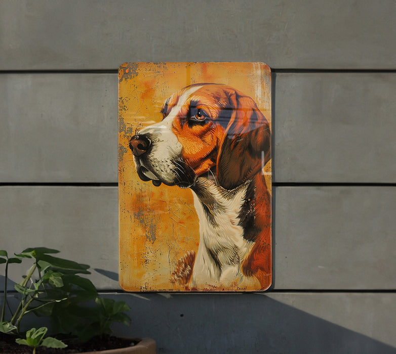 a painting of a dog on a wall next to a potted plant