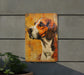 a painting of a dog on a wall next to a potted plant