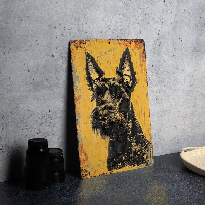 a painting of a dog on a yellow background