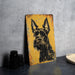 a painting of a dog on a yellow background