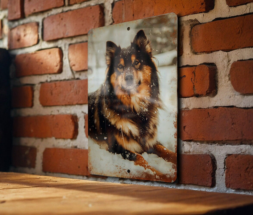 a picture of a dog hanging on a brick wall