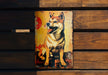 a picture of a dog on a wooden wall