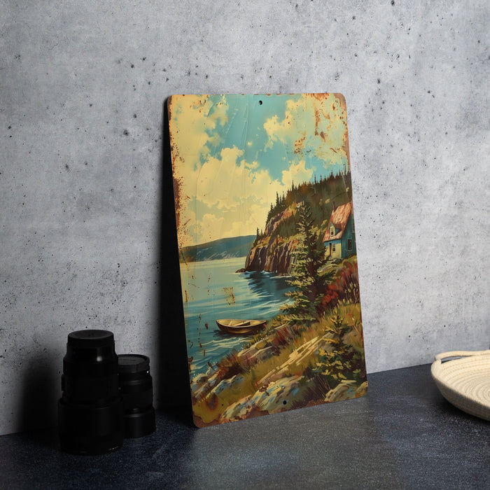 a painting on a table next to a pair of binoculars