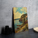 a painting on a table next to a pair of binoculars