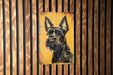 a picture of a dog on a wooden wall