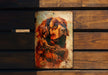 a painting of a dog on a wooden bench