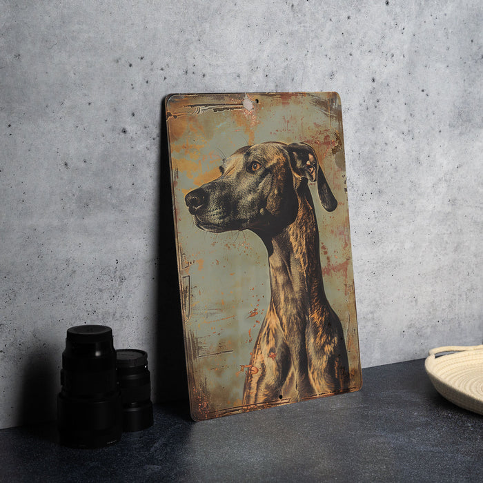 a painting of a dog on a wall next to a plate