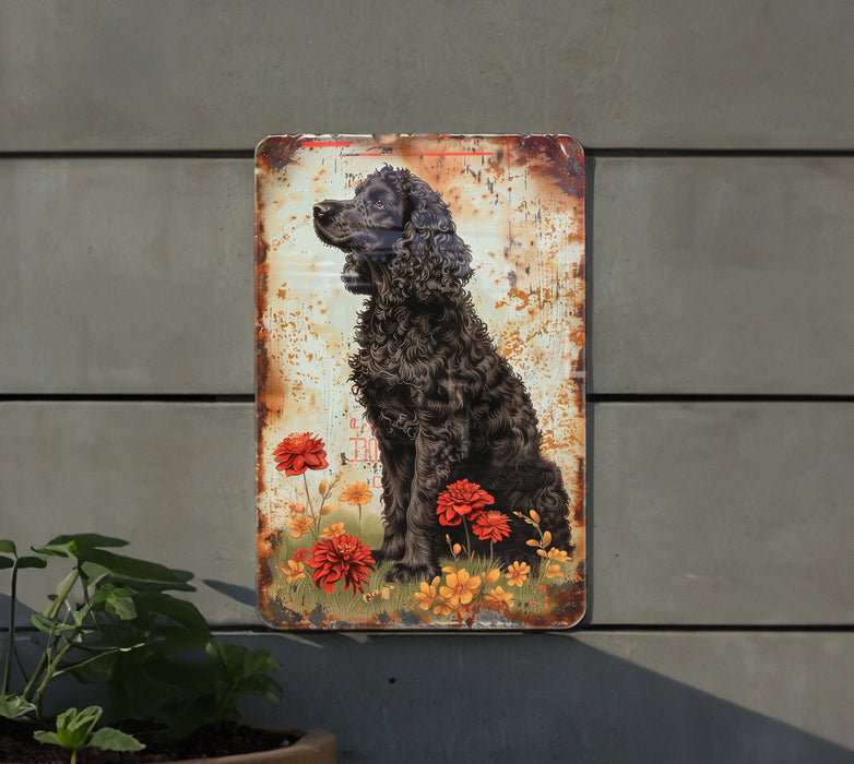 a metal sign with a black dog sitting in a field of flowers