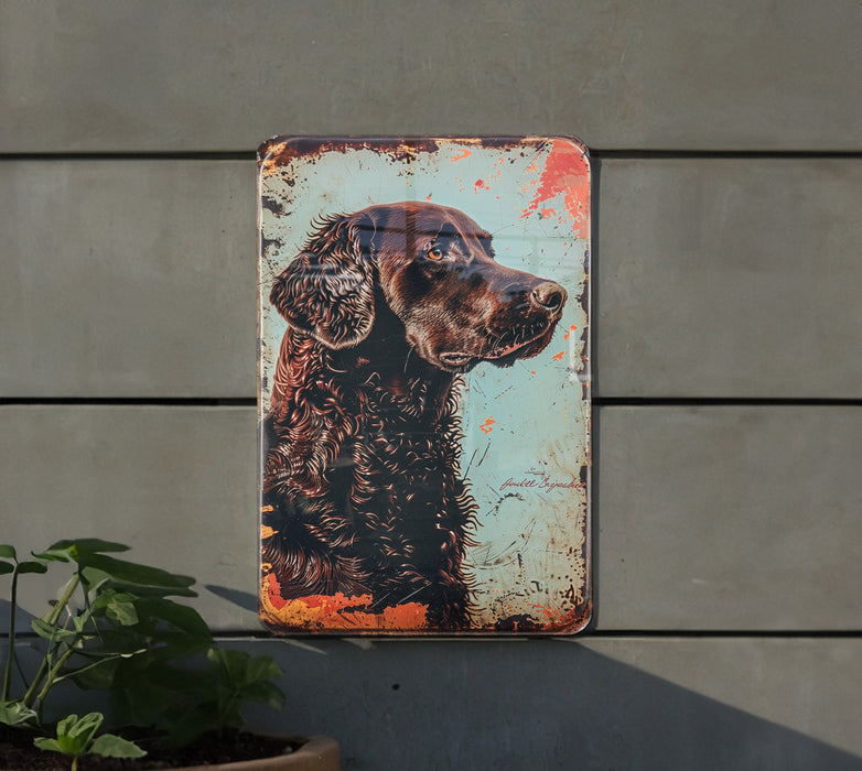a metal sign with a dog on it