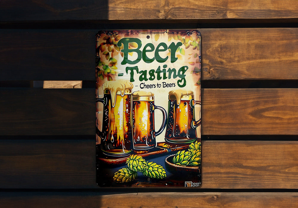 a beer sign hanging on a wooden wall