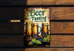a beer sign hanging on a wooden wall