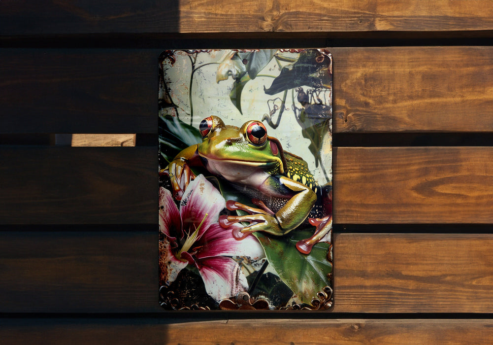 a frog sitting on top of a wooden bench