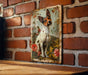 a picture of a dog on a brick wall