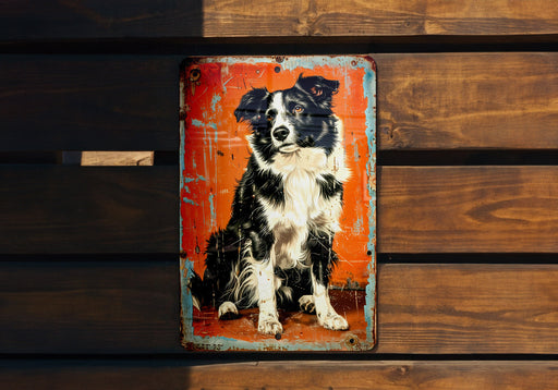 a picture of a black and white dog on a rusted metal sign