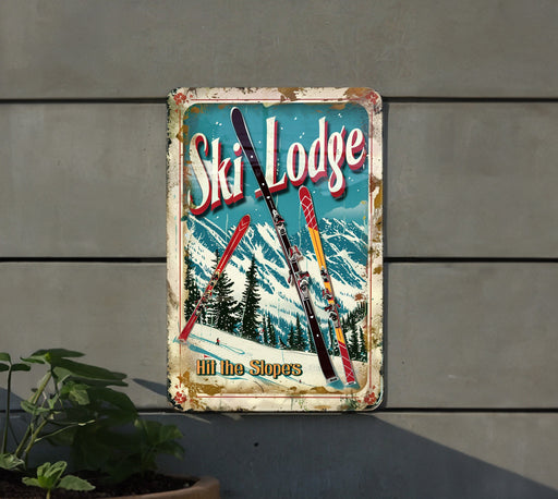 a ski lodge sign hanging on the side of a building