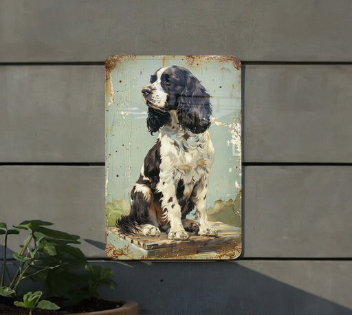 a metal sign with a dog on it