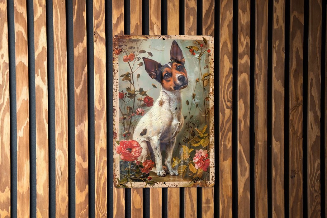 a painting of a dog on a wooden wall