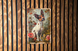 a painting of a dog on a wooden wall