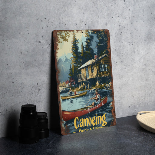 a picture of a canoeing sign next to a pair of binoculars