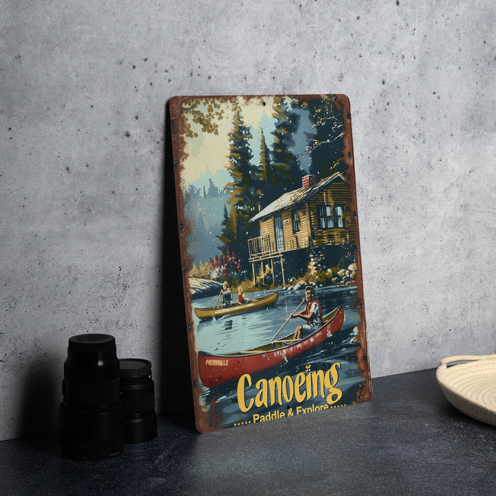 a picture of a canoeing sign next to a pair of binoculars