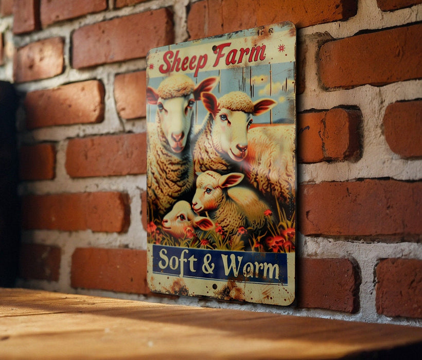a sheep farm sign on a brick wall