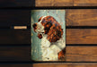 a picture of a dog on a wooden bench