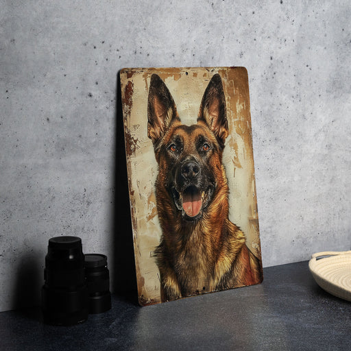 a picture of a dog on a wooden plaque