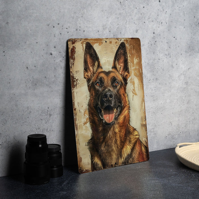 a picture of a dog on a wooden plaque