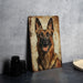 a picture of a dog on a wooden plaque