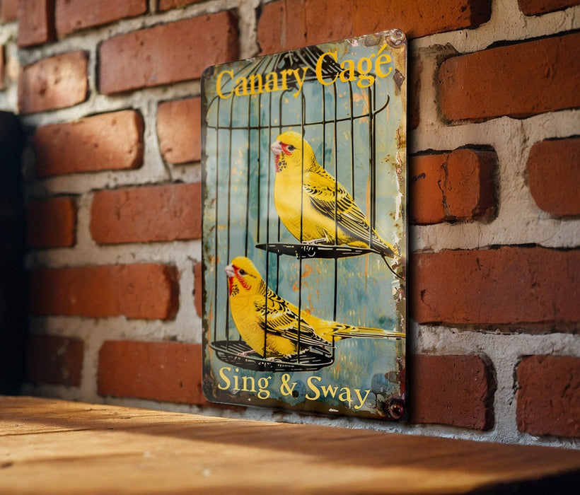 a yellow bird in a cage on a brick wall