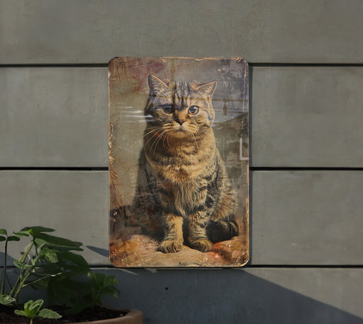 a picture of a cat is hanging on a wall
