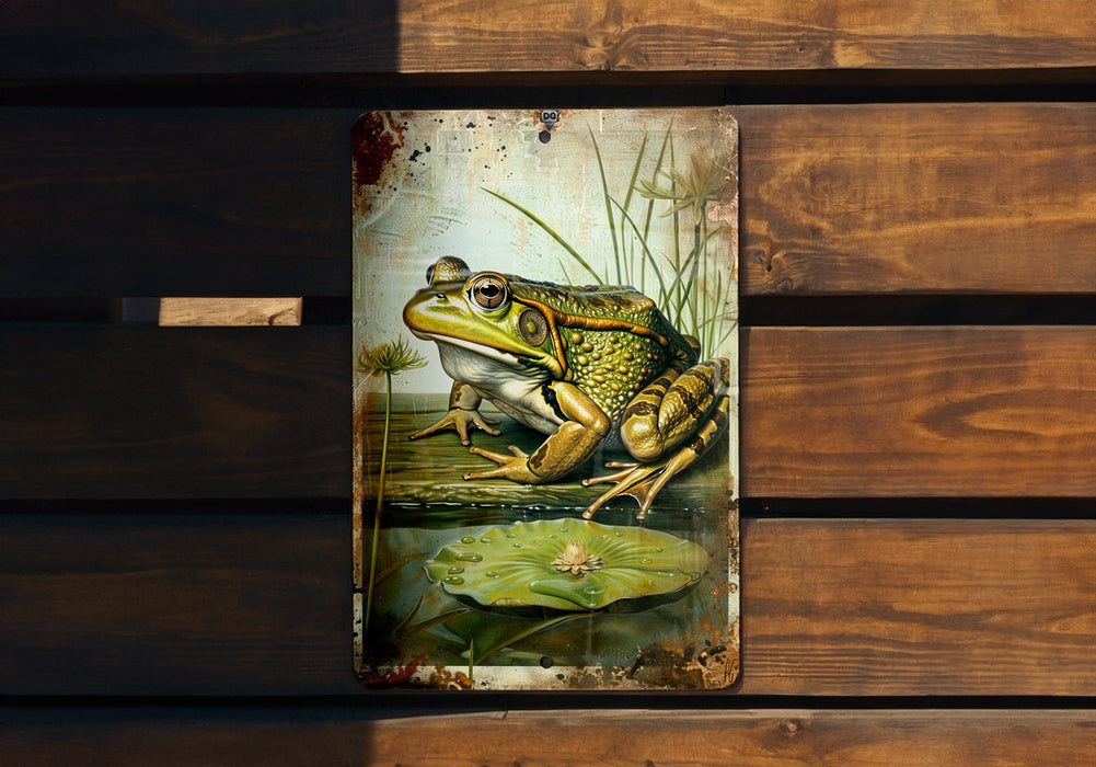 a frog sitting on top of a wooden bench