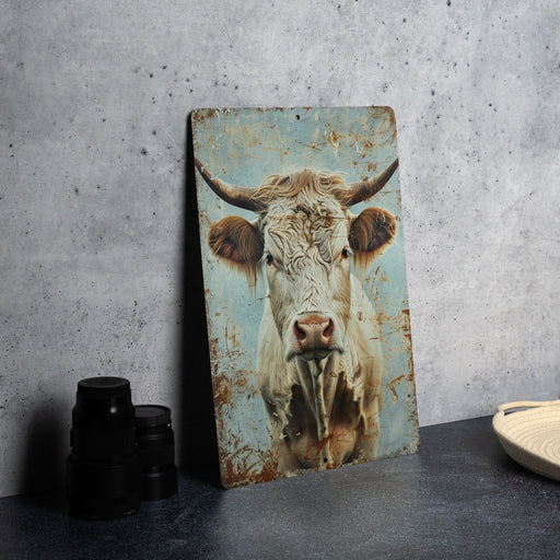 a painting of a cow is on a table