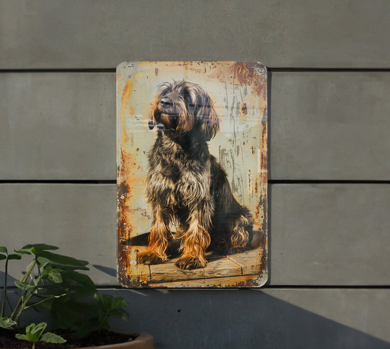 a picture of a dog is hanging on a wall