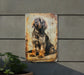 a picture of a dog is hanging on a wall