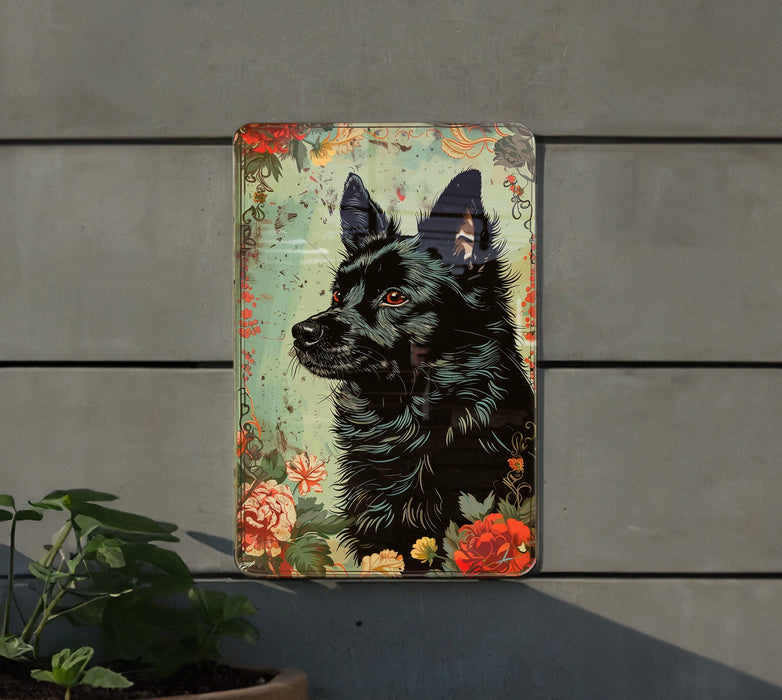 a painting of a dog on a wall next to a potted plant