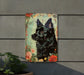 a painting of a dog on a wall next to a potted plant