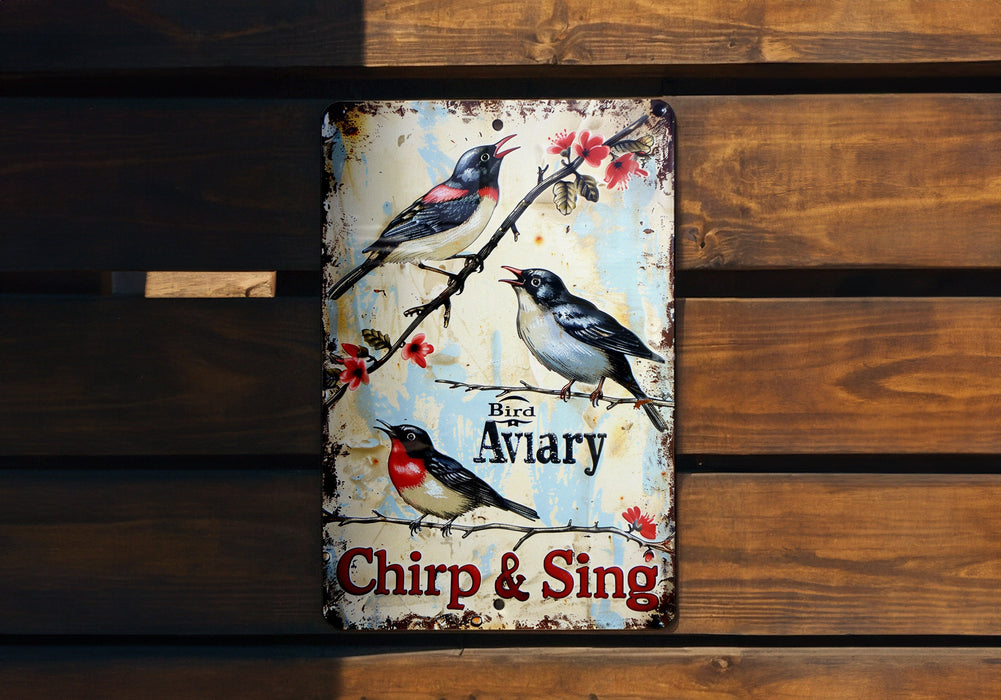 a sign on a wooden wall that says, the birds are away chip and sing