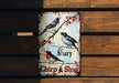 a sign on a wooden wall that says, the birds are away chip and sing