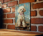 a picture of a dog on a brick wall