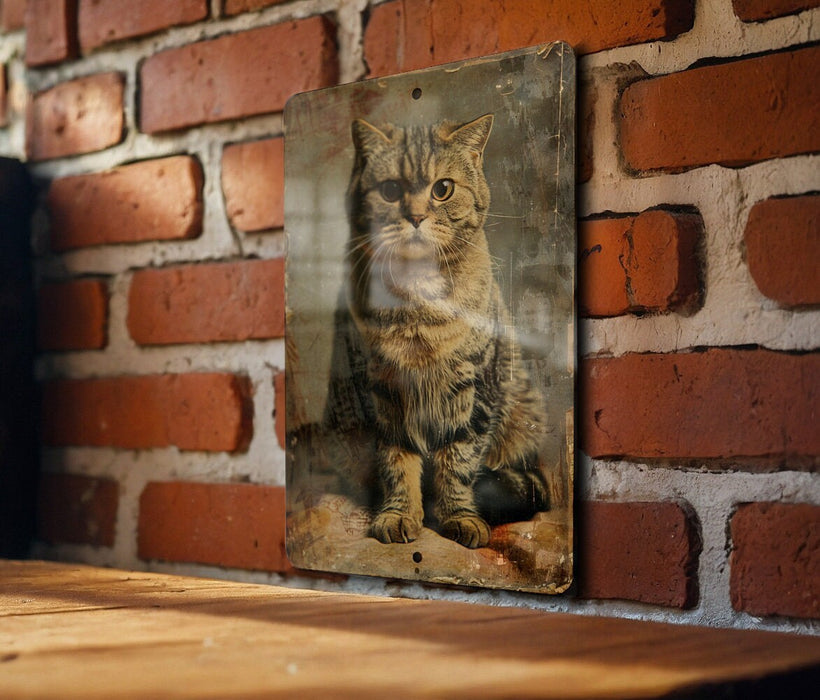 a picture of a cat is hanging on a brick wall