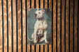 a picture of a dog on a wooden wall