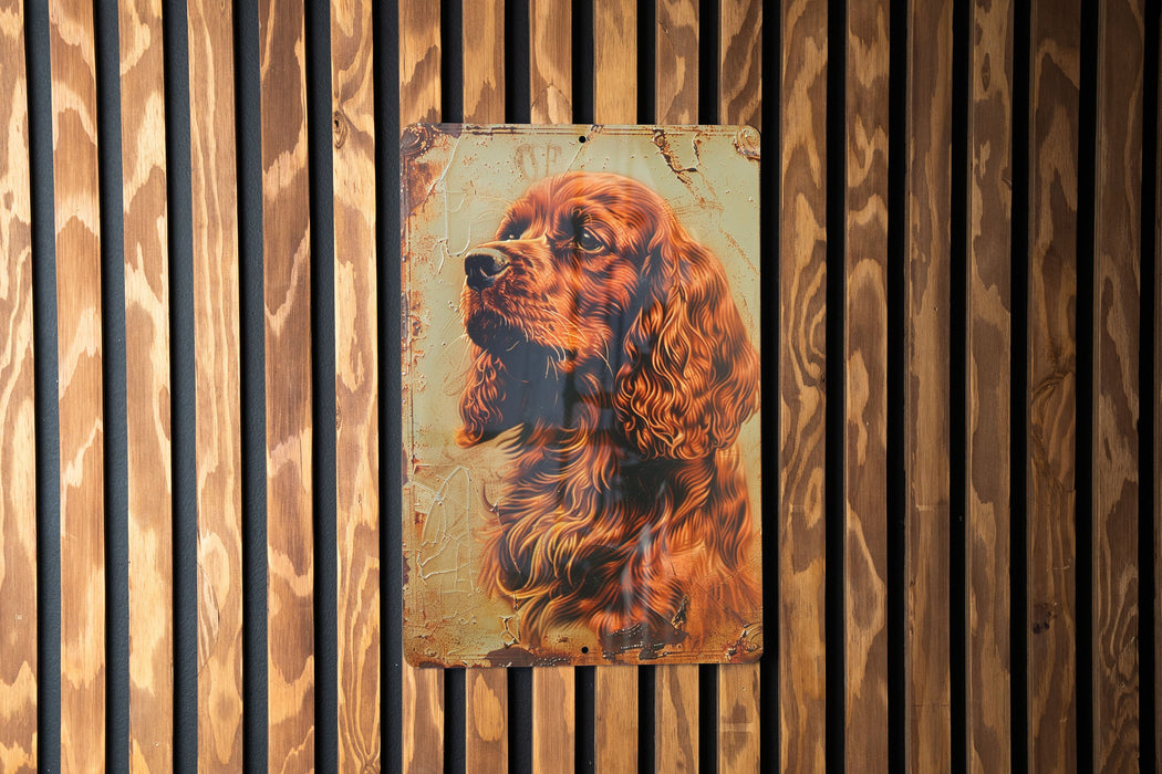 a painting of a cocker spaniel on a wooden wall