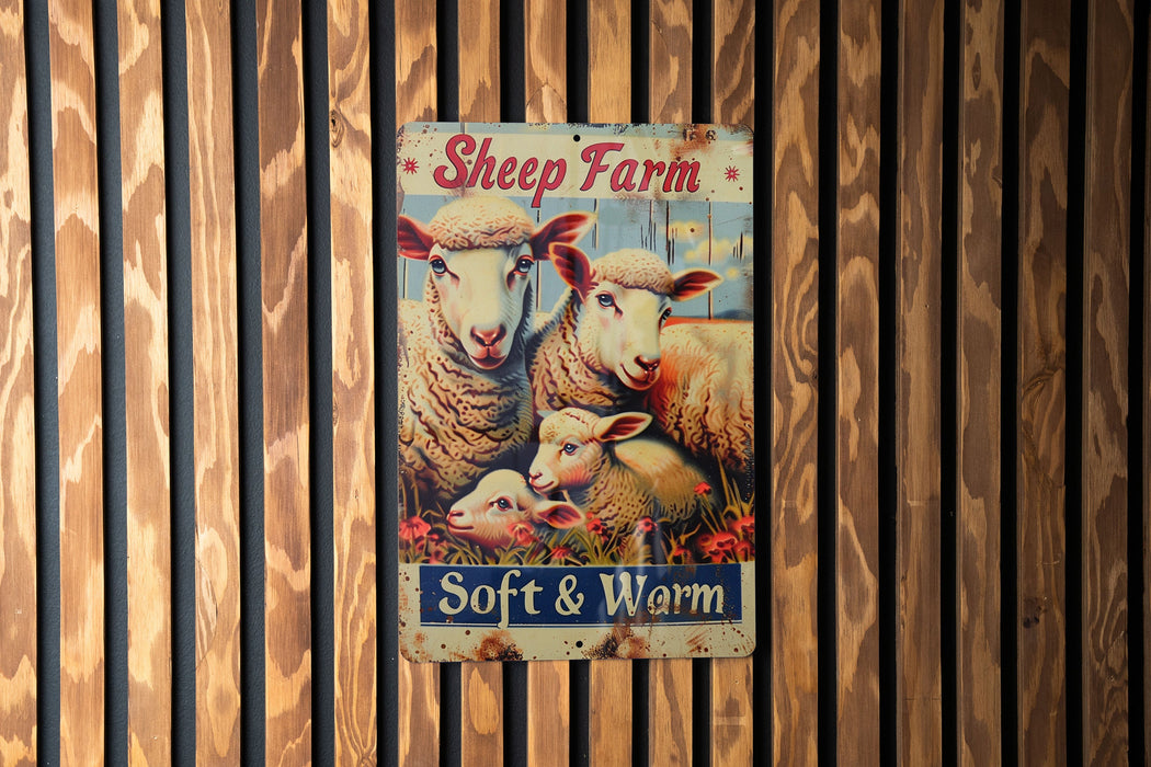 a sheep farm sign hanging on a wooden wall